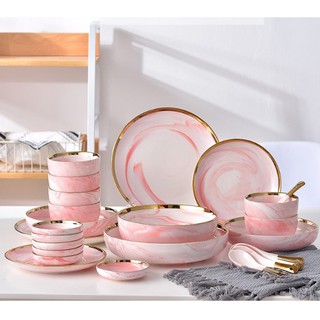 set chén đĩa vân đá hồng phong cách bắc âu sang trọng (hàng order)