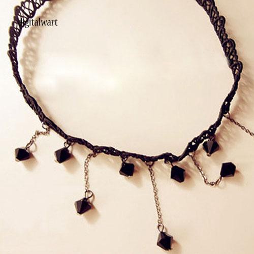 Vòng cổ choker thiết kế ren phối đá quý nhân tạo đen cá tính phong cách gothic dành cho nữ