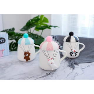 [ẢNH THẬT] LY CỐC SỨ quà tặng gấu trúc nhảy dù combo kèm muỗng thìa, nắp, 450ml - CÓ SẴN