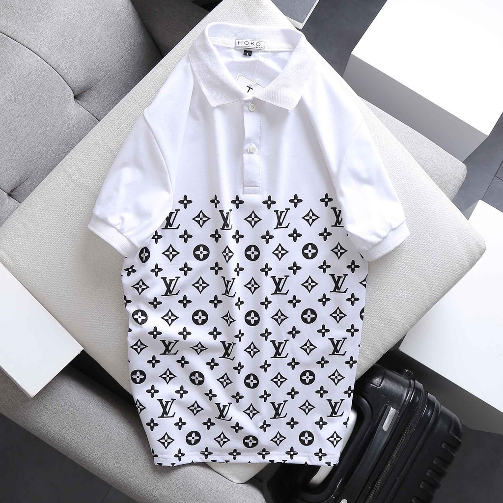 Áo thun nam cổ trụ tay ngắn phối bụng in họa tiết LV trẻ trung lịch lãm chất cotton thoáng mát thấm hút mồ hôi | BigBuy360 - bigbuy360.vn