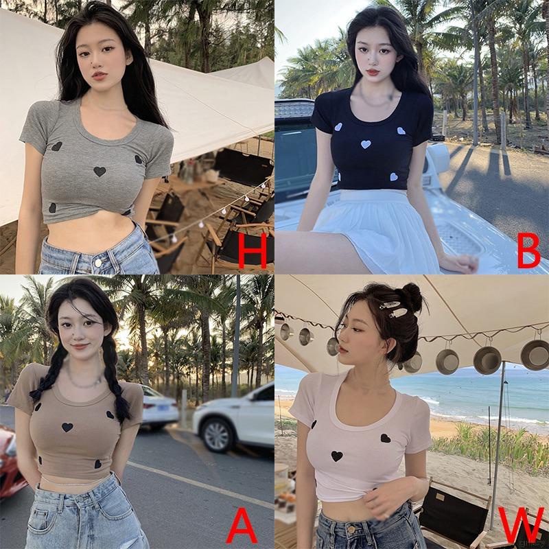 Áo Croptop Ngắn Tay In Hình Trái Tim Xinh Xắn Kiểu Hàn Quốc Cho Nữ