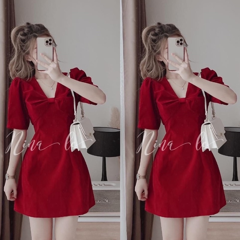 [207] Váy Nhung Nơ Đỏ Siêu Xinh Có Ảnh Thật Kèm Video