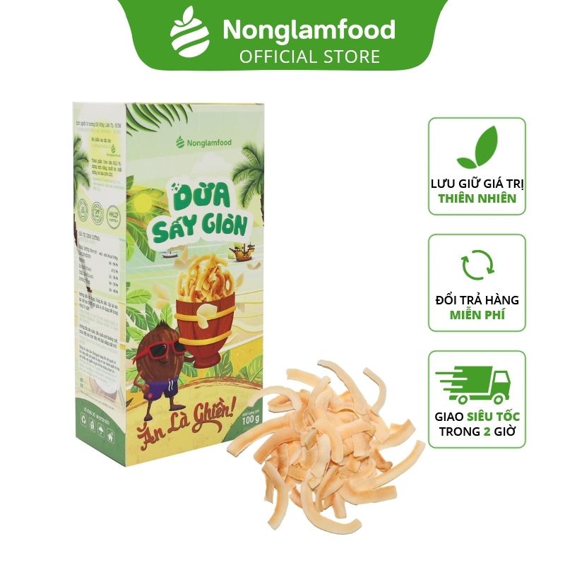 Dừa sấy giòn Nông Lâm Food 100g giòn tan thơm bùi mùi nước cốt dừa ngọt thanh thực phẩm từ thiên nhiên tốt cho sức khỏe