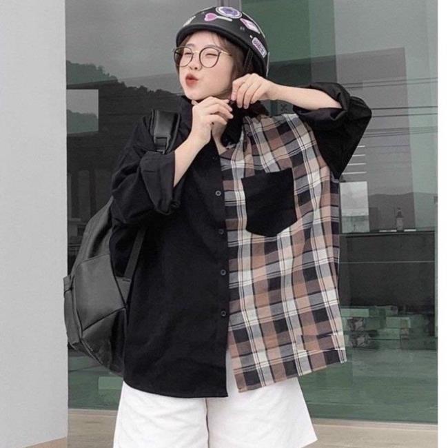Áo Sơ mi caro phối thân Hot Trend Vải Đẹp 2 màu đen trắng From Rộng Unisex *
