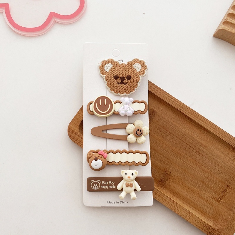 Set 5 Kẹp Tóc Hình Gấu Hoạt Hình Màu Trà Sữa Phong Cách Hàn Quốc Dễ Phối Đồ Cho Bé Gái