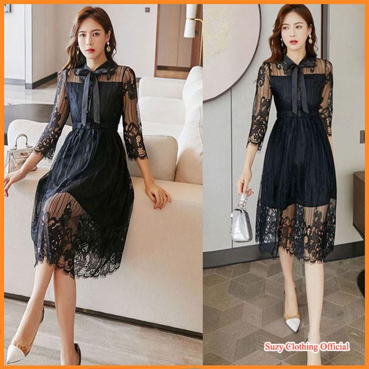 Váy Ren Dáng Xòe Chữ A Họa Tiết Phối Ren Cổ Nơ Xinh Xắn | BigBuy360 - bigbuy360.vn