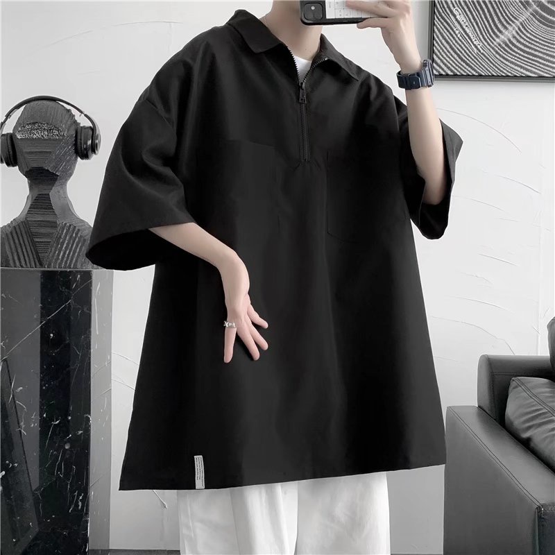 ♞AFF LIGA♞ Áo Thun Polo Màu Trơn Tay Ngắn Thời Trang Phong Cách Harajuku Cho Nam