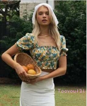 Ern-Female Crop Tops, Sunflower Print Square Neck Short Sleeve Pullover Short Shirt for Summer, S/M/L | BigBuy360 - bigbuy360.vn