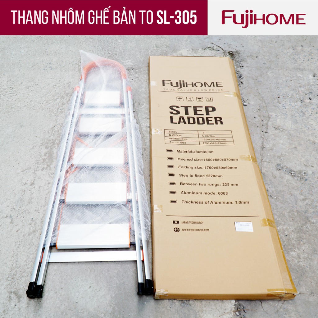 Thang ghế nhôm tay vịn chữ A bản to 4 - 5 - 6 bậc từ 1,4M - 1,9M xếp gọn FUJIHOME, Thang chữ A gia đình đa năng rút gọn