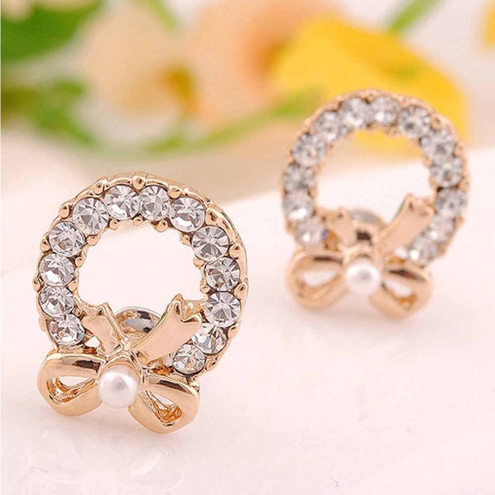 Bông tai trang trí nơ đính ngọc trai nhân tạo thời trang Hàn Quốc cho nữ
