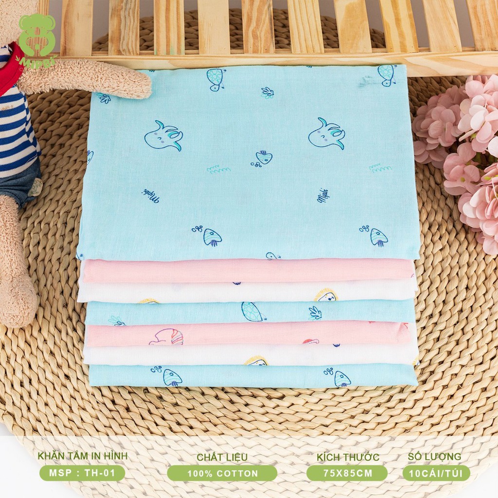 [CHÍNH HÃNG] Khăn tắm 4 lớp cotton cao cấp in hình mềm mại kích thước 75x85cm Gói 1c Mipbi