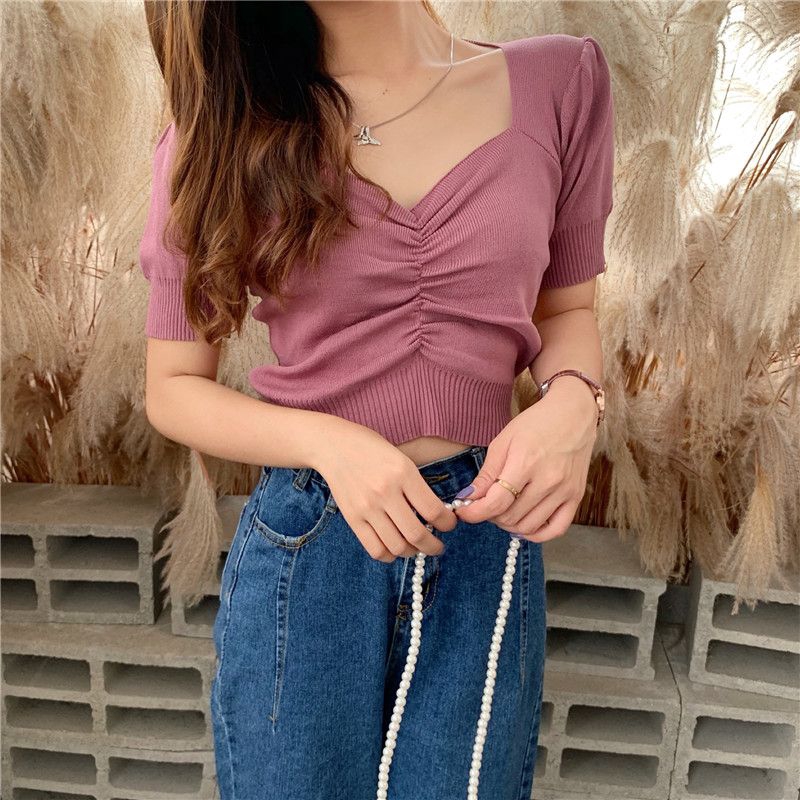 Áo vải dệt nhún ngực màu trơn thời trang cho nữ