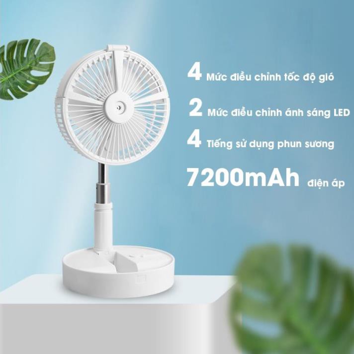 Quạt Tích Điện Mini Phun Sương Hơi Nước Để Bàn, Quạt Cây Gấp Gọn Có Gắn Đèn H9004