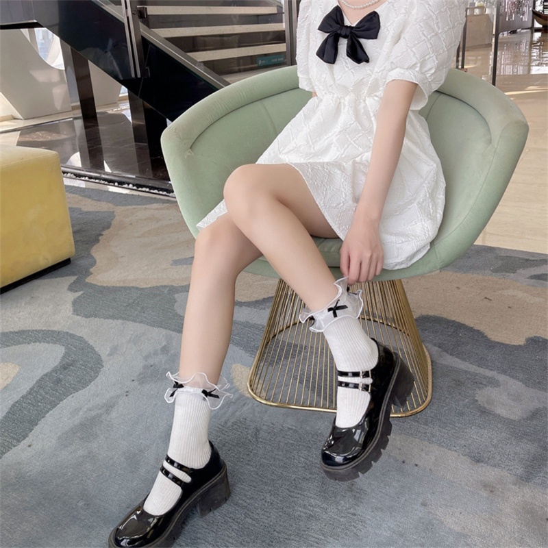 Xiangbao Vớ Cotton Ngắn Phối Vải Tuyn Đính Nơ Dễ Thương Phong Cách Harajuku Nhật Bản Cho Nữ