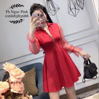 Đầm xòe tay phối lưới khóa kéo