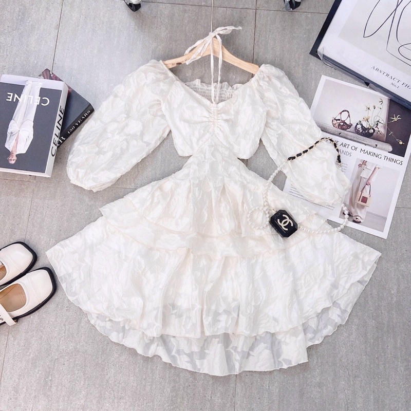 đầm trắng hoa nổi rút ngực dây yếm khoét eo | BigBuy360 - bigbuy360.vn