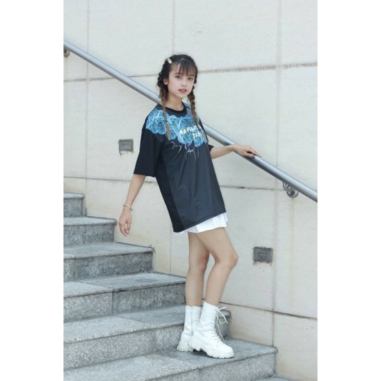 Áo thun in hoa hồng xanh, áo phông tay lỡ, áo form rộng unisex | BigBuy360 - bigbuy360.vn