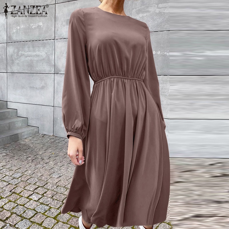 Đầm maxi ZANZEA tay dài cổ tròn phong cách châu Âu thời trang cho nữ