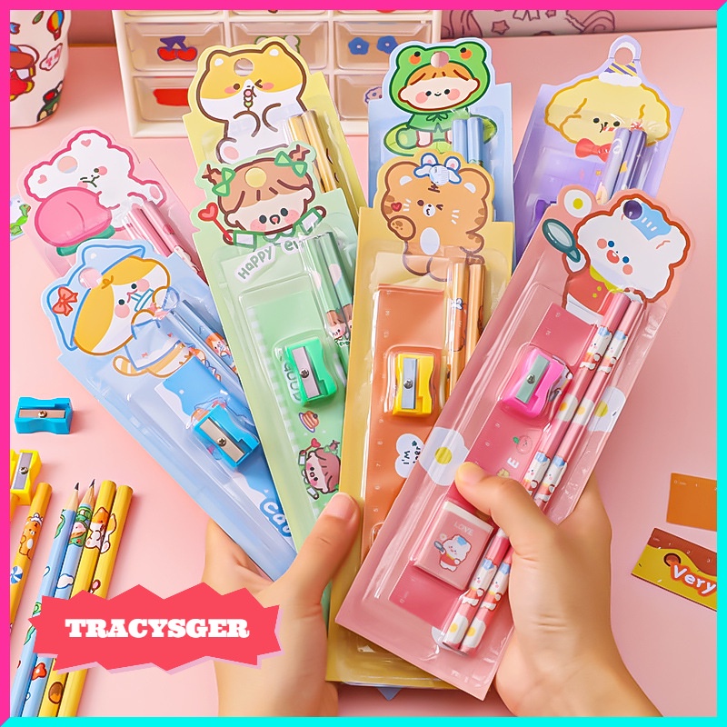 👑👑Set 5 dụng cụ học tập họa tiết hoạt hình dễ thương