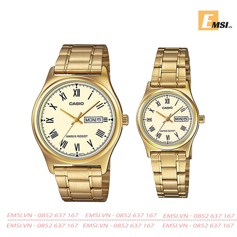 Đồng Hồ Cặp Đôi Casio MTP-V006G-9B và LTP-V006G-9B Dây Kim Loại Mạ Vàng Mặt Số La Mã EMSI.VN