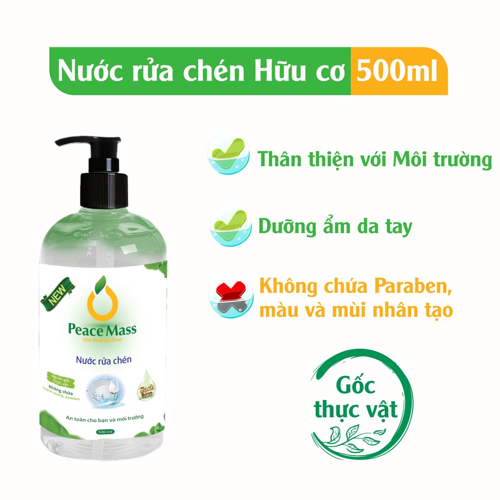 [FREESHIP]Nước Rửa Chén Hữu Cơ Peace Mass [AN TOÀN CHO DA NHẠY CẢM] Rửa Sạch Bóng Chén Bát Không Lưu Mùi - Chai 500ml