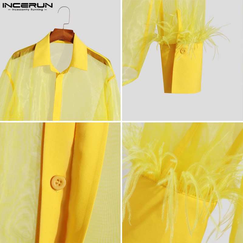 Áo sơ mi INCERUN tay dài xuyên thấu cổ tay phối lông vũ thời trang cho nam