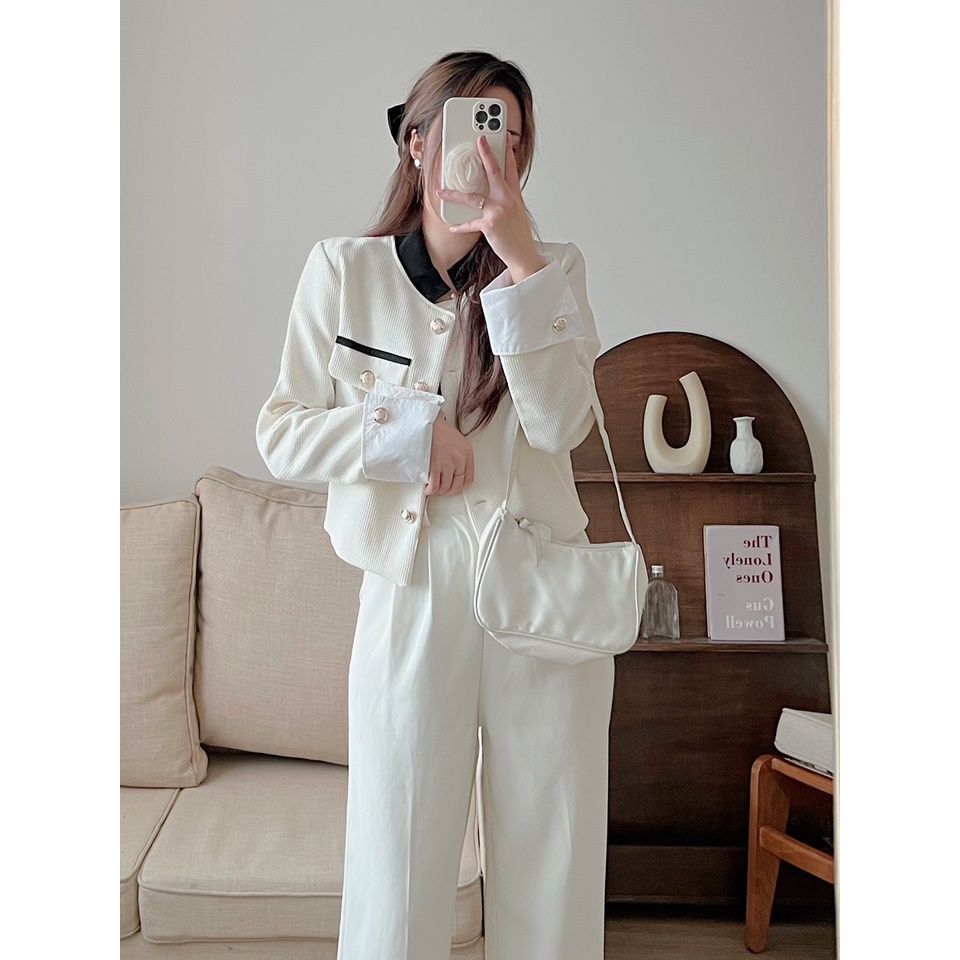 Áo Khoác Dạ Cổ Viền Đen Tay Phối Sơ Mi Có Thể Tháo Rời Khuy Ngọc Ulzzang