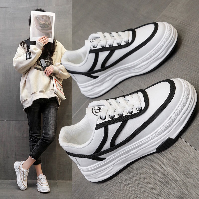 Giày Thể Thao Nữ Độn Đế Giày Sneaker Tăng Chiều Cao Sọc Kem Đen Sang Chảnh..