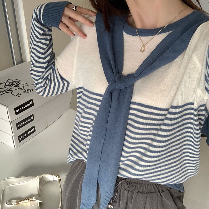 【ZHELIHANGFEI】Áo Dệt Kim Tay Dài Dáng Rộng Kẻ Sọc Giả Hai Lớp Dễ Phối Đồ