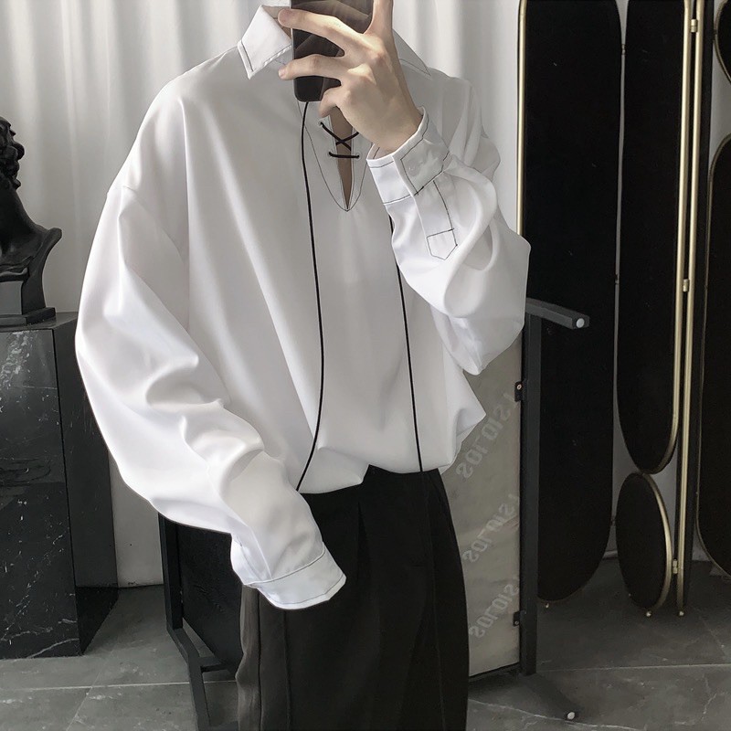 ÁO SƠMI LỤA PHỐI DÂY CỒ FORM UNISEX (hình chụp thật) | BigBuy360 - bigbuy360.vn