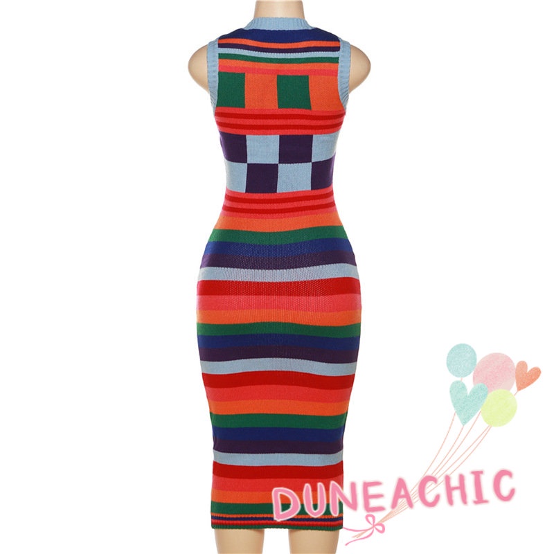 DUNEA Đầm Dệt Kim Sát Nách Dáng Ôm Phối Màu Cá Tính Thời Trang Cho Nữ