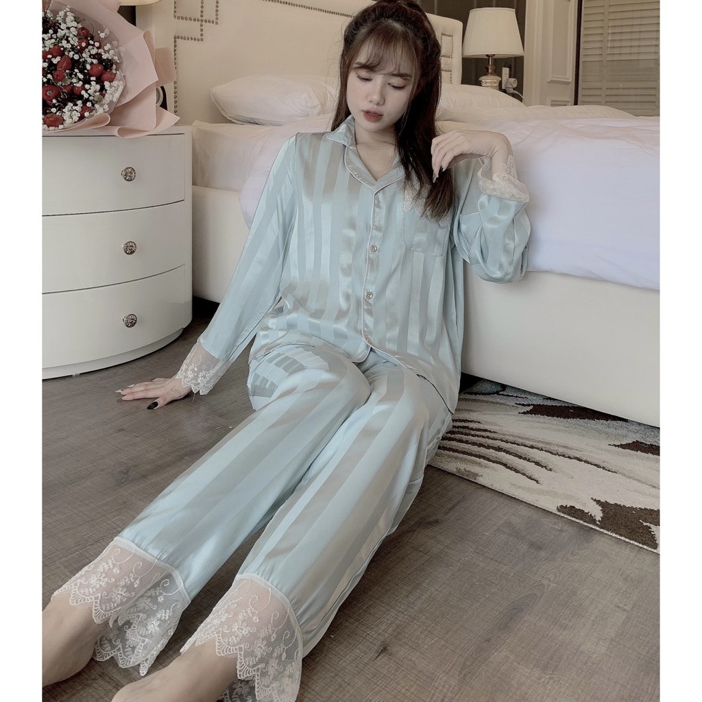 Đồ bộ nữ pijama lụa gấm kẻ phối ren cao cấp mặc nhà VIZUKA