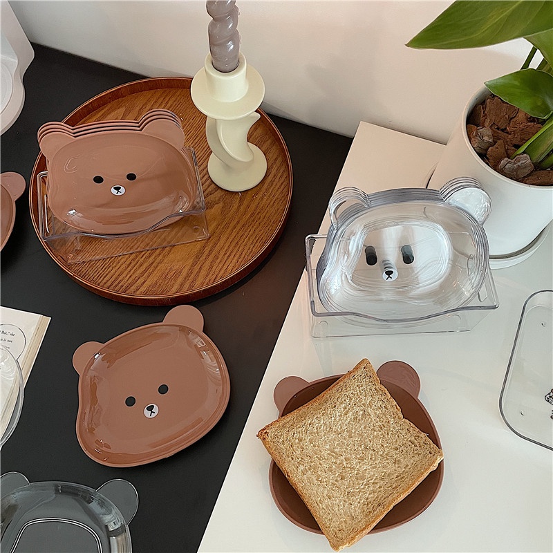 Set 8 Đĩa Nhựa Hình Gấu Đựng Thức Ăn Vặt Đa Năng Kèm Khay Tiện Lợi