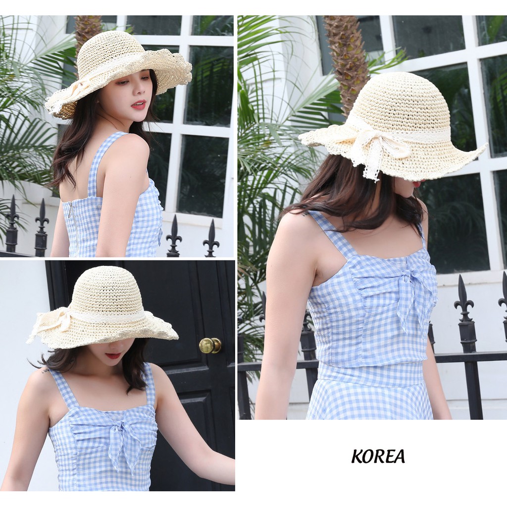 Nón Cói Đi Biển Đan Trơn Viền Hoa Dây Ren P1306