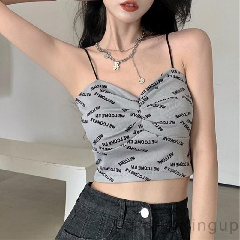 Áo croptop 2 dây cổ chữ V in họa tiết chữ quyến rũ cho nữ