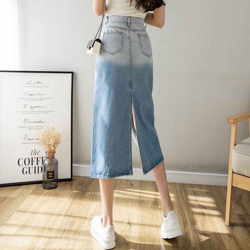 Chân Váy Denim Dáng Chữ A Xẻ Tà Màu Sắc Tương Phản Thời Trang