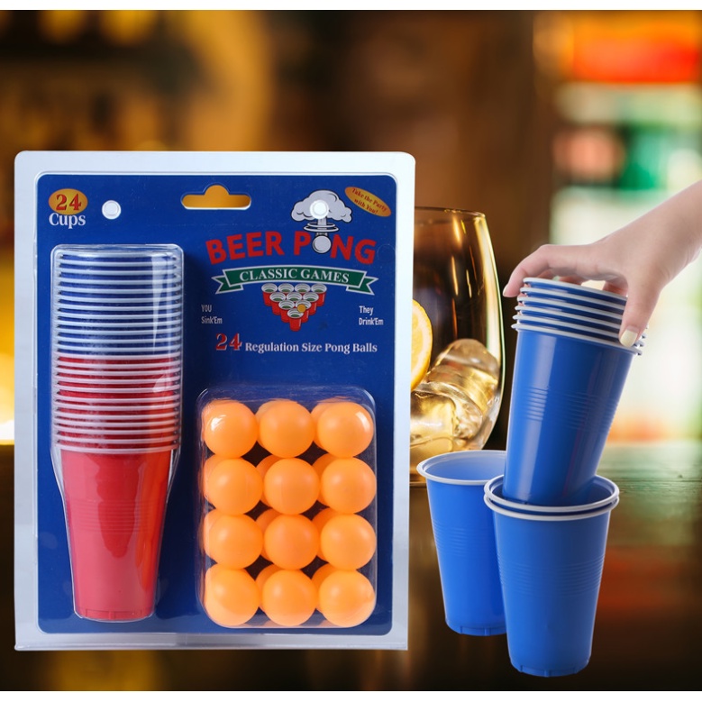 Set 24 cốc nước và bóng nhựa chơi trò uống rượu Beer Pong, trò chơi ném bóng