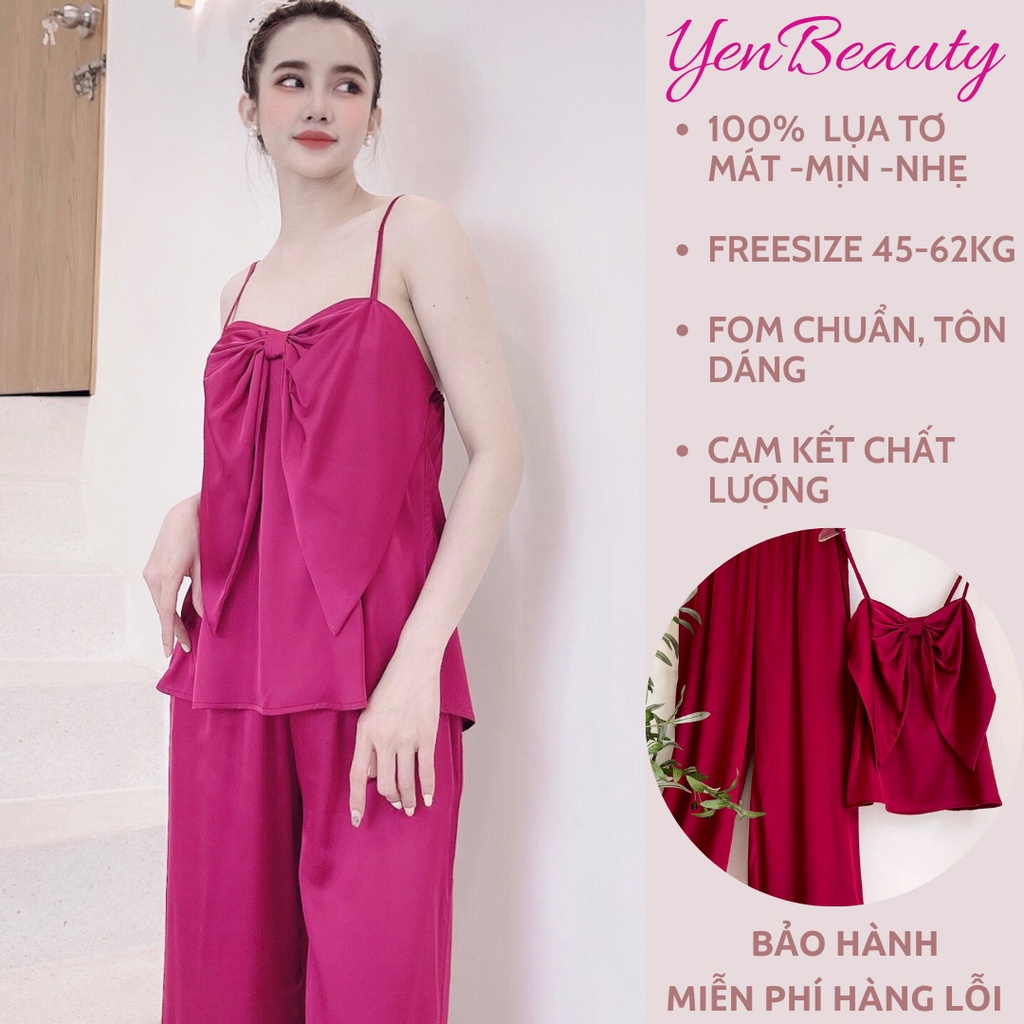 Đồ Bộ Lụa Tơ/Satin Dài Mặc Ở Nhà Nữ BIGBOW- Bộ Ngủ Nữ 2 Dây Nơ Sexy Mặc Nhà Mùa Hè, Bảng Màu Sang Chảnh - YENBEAUTY