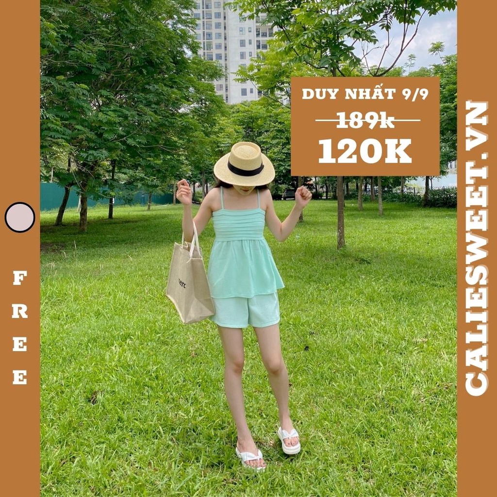 Set đồ nữ mùa hè Caliesweet set đi biển đi chơi dự tiệc sang chảnh chất đũi xốp màu xanh hottrend CLS006