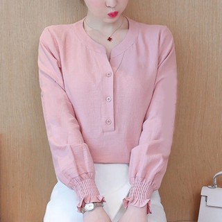 Áo sơ mi nữ cổ v tay dài màu hồng và trắng akara n601