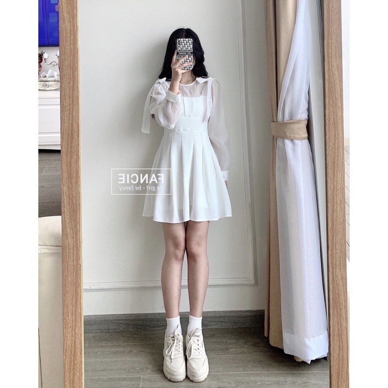 Đầm nữ trắng dễ thương xếp li phối nơ | BigBuy360 - bigbuy360.vn