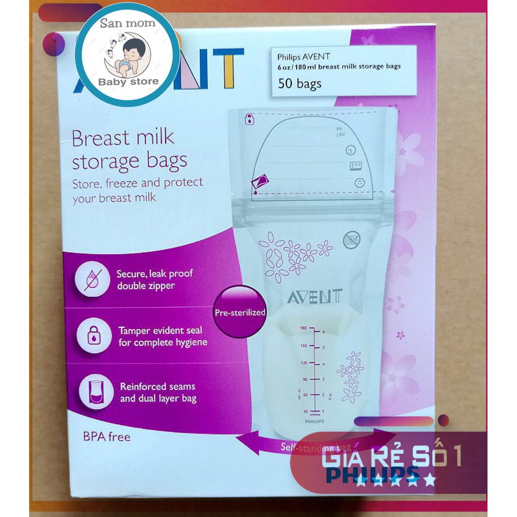 Túi Trữ Sữa Avent 180ml Sản Xuất Tại Mỹ , Trữ Sữa Sau Sinh Đông Lạnh, 1 Hộp 50 Túi, Có Bán Lẻ 10 Túi
