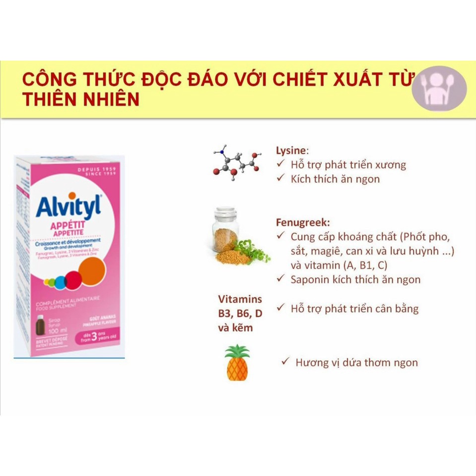 Siro Alvityl Appetit bổ sung vitamin, lysine, khoáng chất, chiết xuất cỏ cà ri giúp trẻ ăn ngon, tăng đề kháng, tiêu hóa