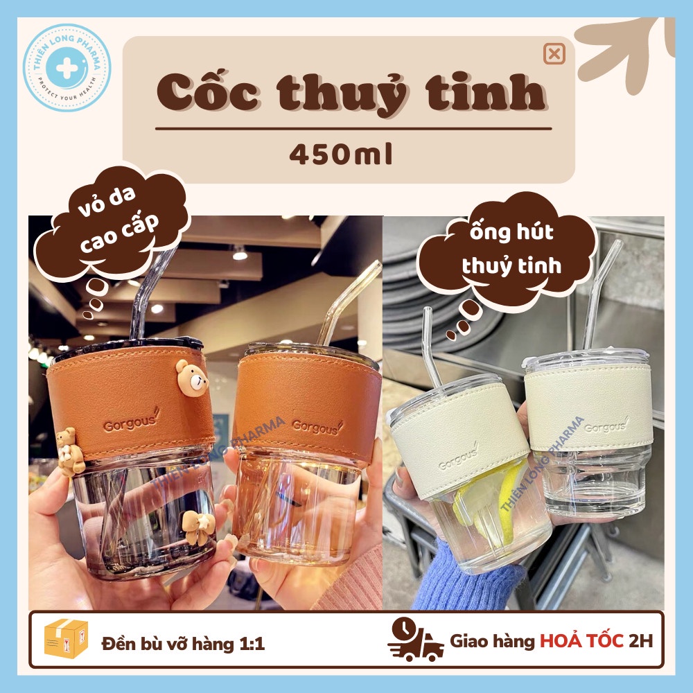 Cốc thuỷ tinh 450ml tặng Sticker trang trí ly, bình nước thuỷ tinh có nắp kèm bao da
