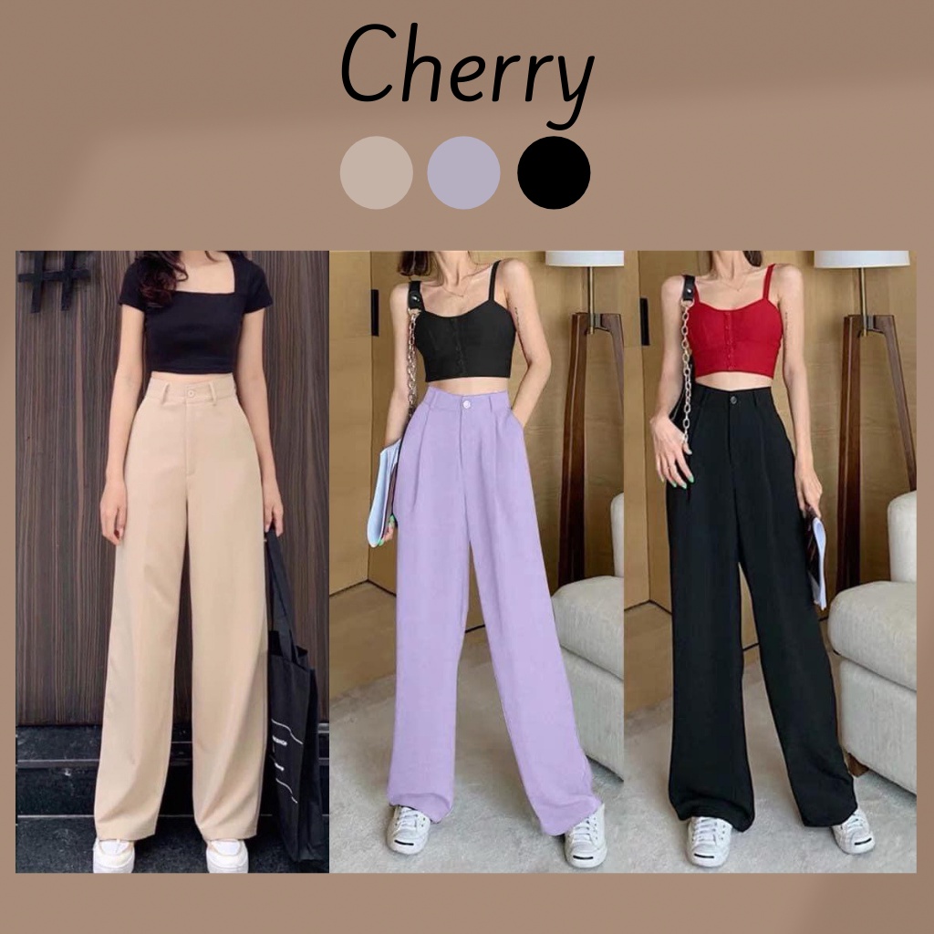 Quần ống rộng lưng cao chất vải tuyết mưa khóa trước CHERRY quần ống suông nữ vải đẹp T004 | BigBuy360 - bigbuy360.vn