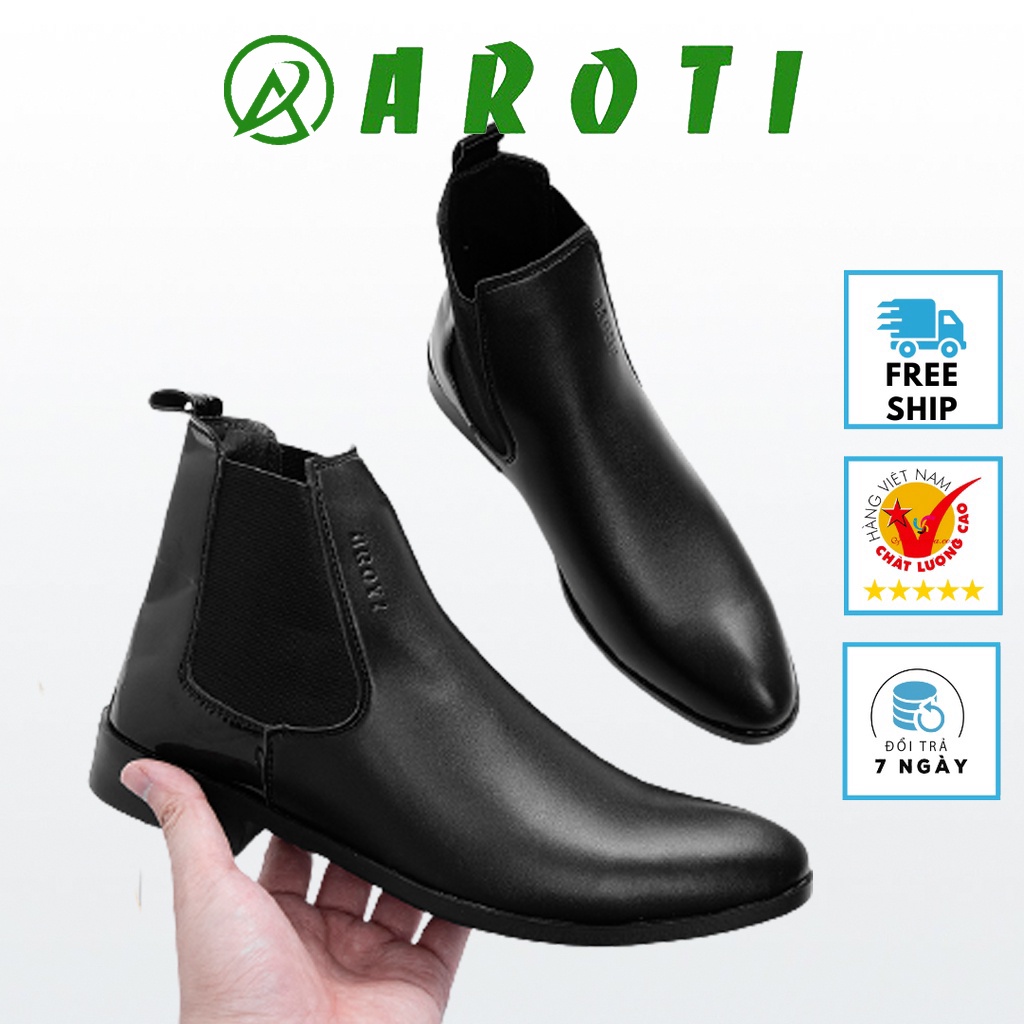 Giày Boot Nam Cao Cổ AROTI Chealsea Boot Chất Đẹp Cao Cấp,Đế Khâu Siêu Bền, Tăng Chiều Cao 3cm Form Hàn  G607-Mũi Trơn