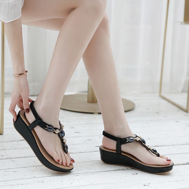 Giày Sandal Đế Xuồng Hở Ngón Đính Đá Thoáng Khí Thời Trang Mùa Hè 2020 Cho Nữ