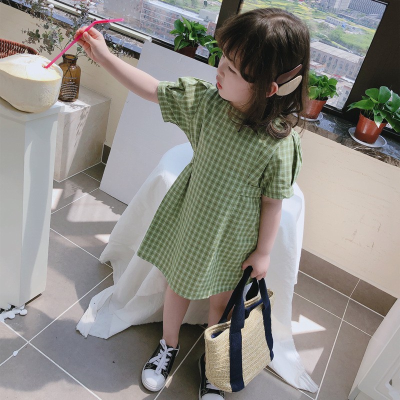 Đầm cotton ngắn tay họa tiết sọc ca rô thời trang mùa hè dành cho bé gái từ 1-8 tuổi