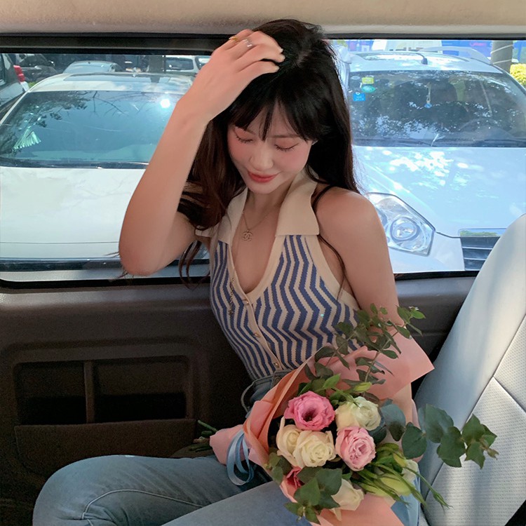 Áo Yếm Dệt Kim Cổ Chữ V Kẻ Sọc Màu Tương Phản Kiểu Dáng Quyến Rũ Cho NữCrop Tops