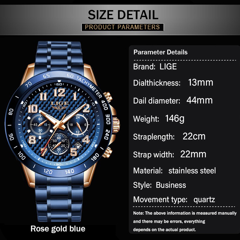 Men's Watch LIGE 10033 Blue Stainless Steel Strap Waterproof Quartz